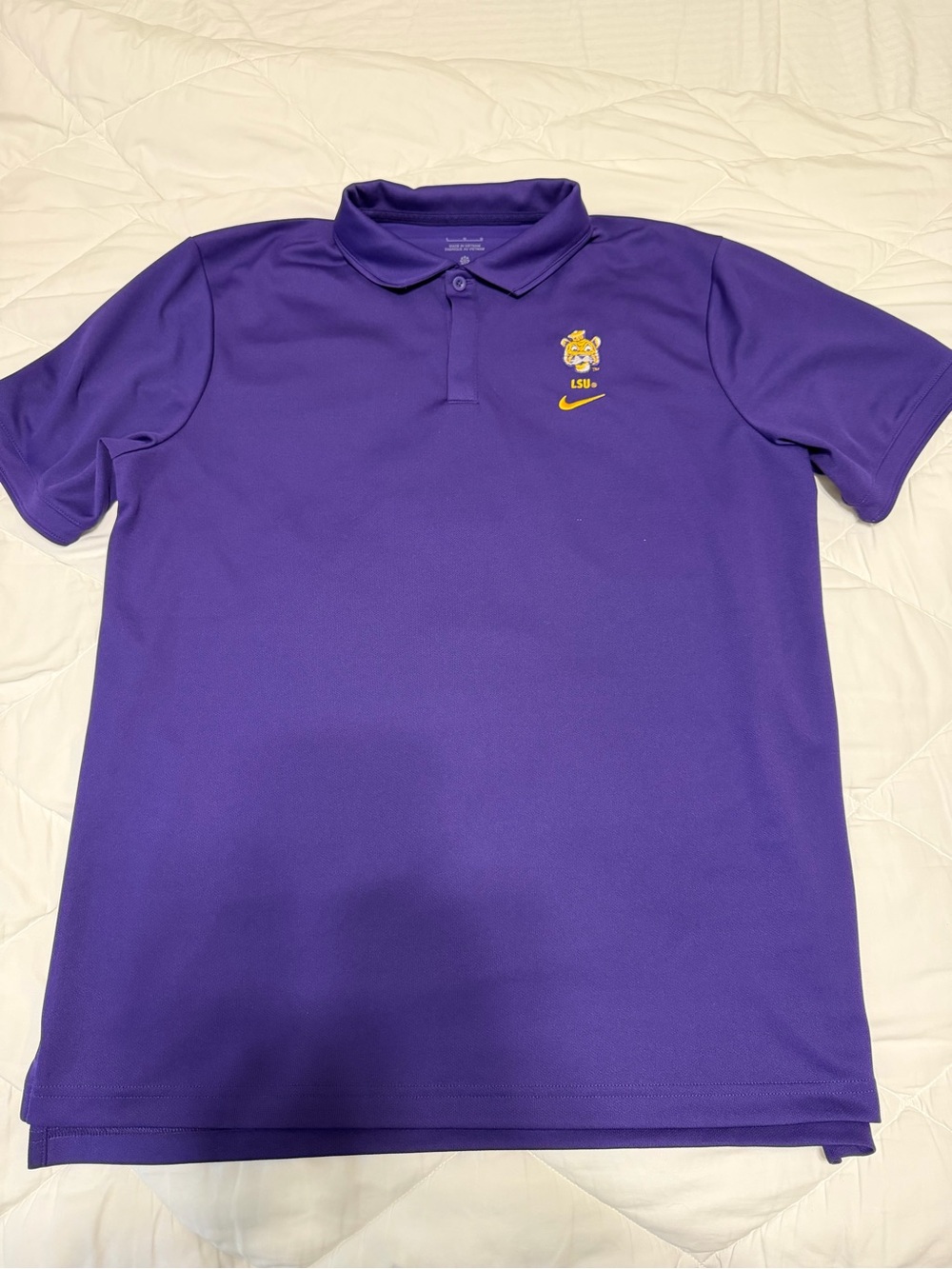 Nike Purple Polo with Yellow LSU Tiger and Swoosh